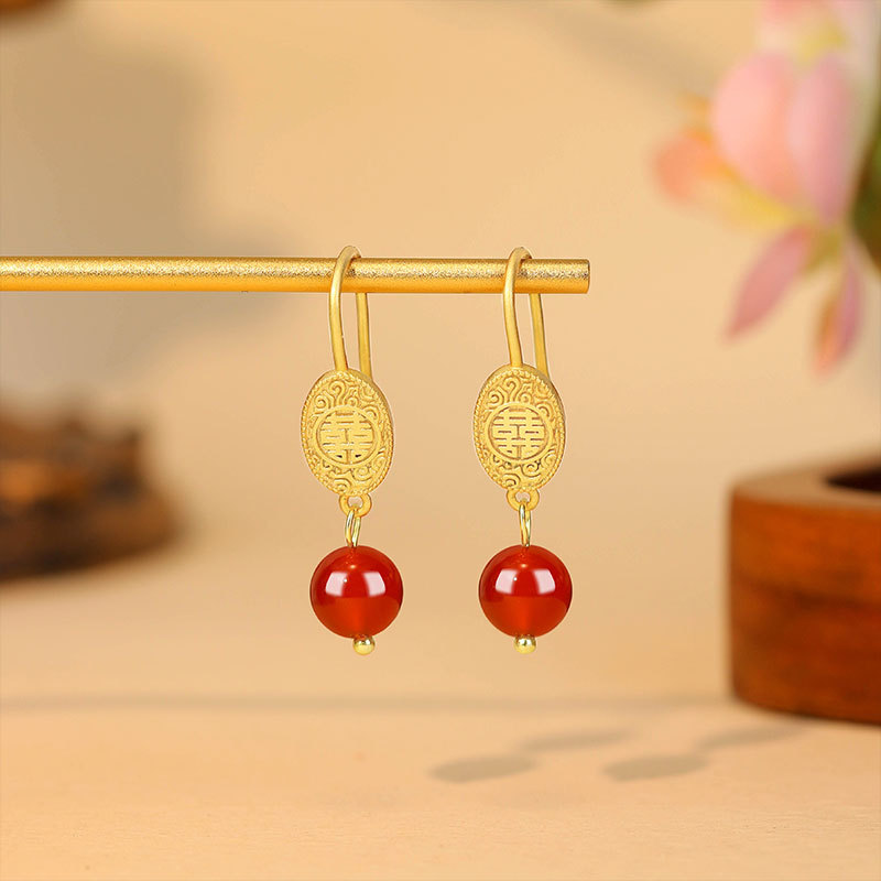 Gold Plated Jewelry - Doğal Kırmızı Yeşim Boncuk Küpe Tılsımlar