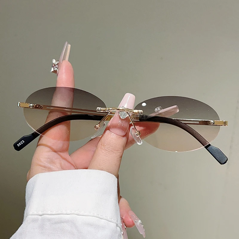 Designer Sunglasses - Çerçevesiz Oval Güneş Gözlüğü, Kadın Moda,