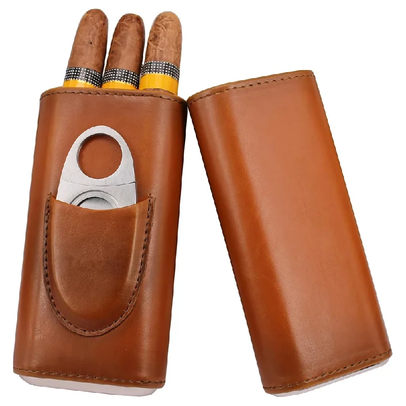 Premium Cigar Case - 3 Parmaklı, Puro Kesici Aparatlı Deri