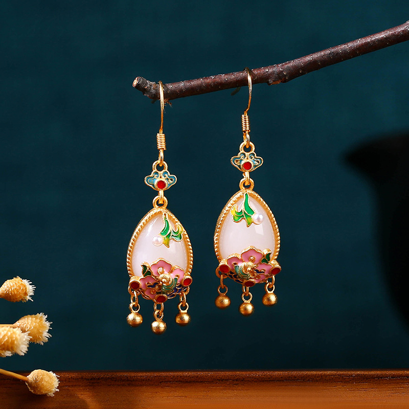 Gold Plated Jewelry - Doğal Yeşim Çiçek Küpe Charm Muska